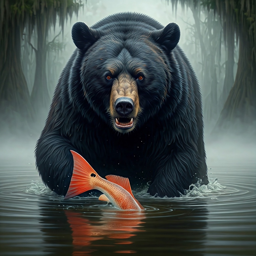 Black bear with a redfish among the reeds