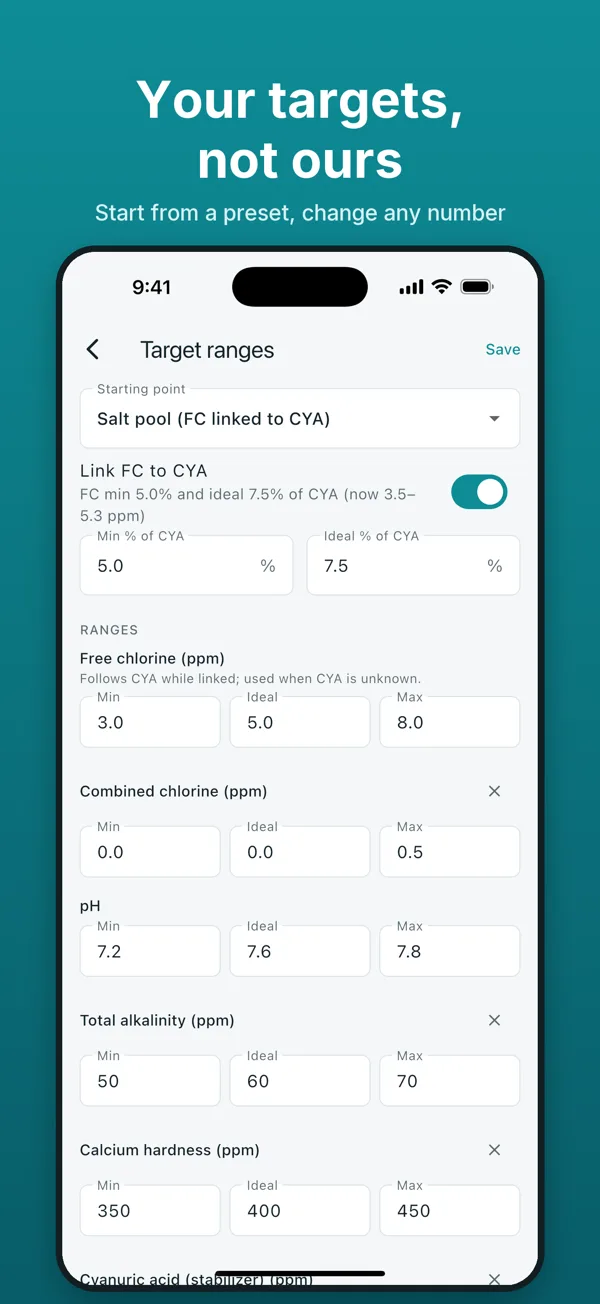 App Store screenshot: Target ranges