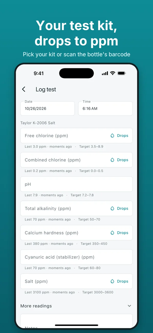 App Store screenshot: Log test with drop counter